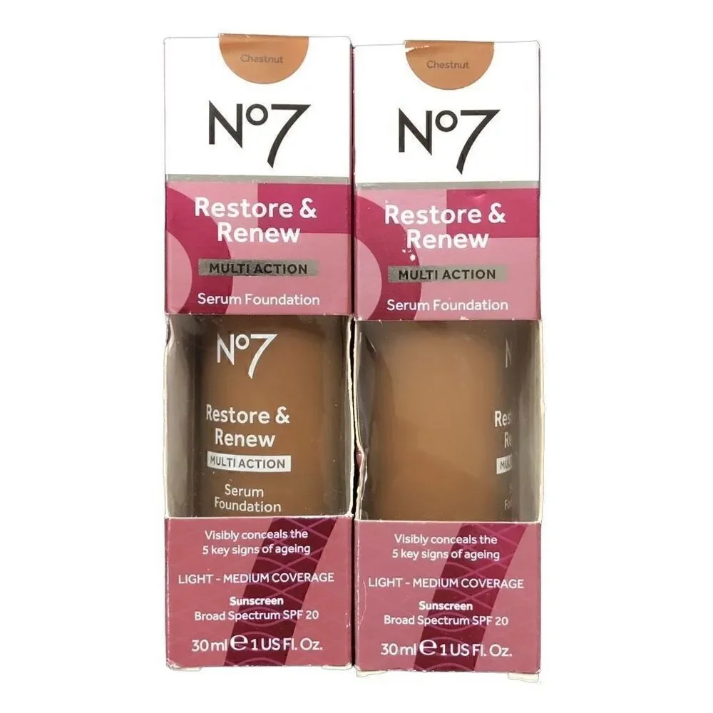 No7 Restore & Renew Multi Action Serum Foundation Chestnut, 1 fl oz ea, Lot of 2
